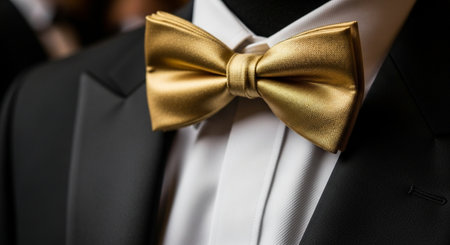 Gold bow tie on a mannequin in a men's suitの素材