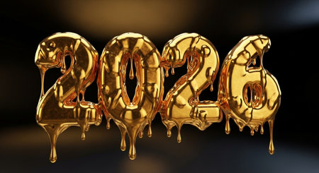 Happy New Year 2016. Golden 3d numbers on black background. 3D renderingの素材