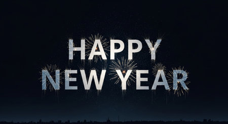 Happy New Year written with Sparkle firework over night cityscape backgroundの素材