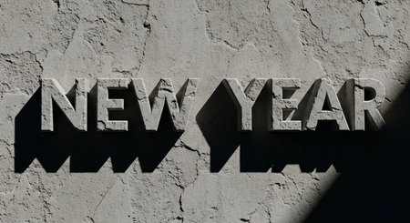 New Year sign on a concrete wall with shadow. New Year concept.の素材