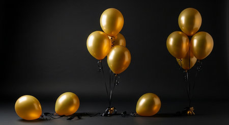 Golden balloons with ribbons on black background. 3d render illustrationの素材