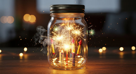 Burning sparklers in a glass jar on bokeh backgroundの素材