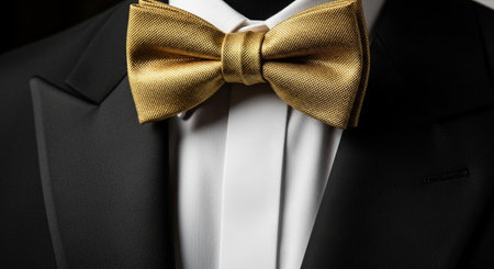 Close-up of a golden bow tie on a man's suitの素材