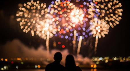 Blurred background of fireworks and silhouette of a couple in love.の素材