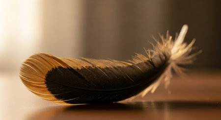 Feather of a bird on a wooden table, close-upの素材