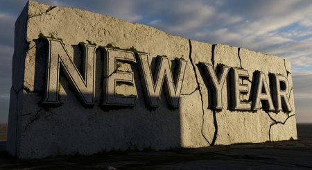 3D rendering of the word new year written on a stone wallの素材