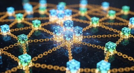 3D illustration of a blue and yellow 3D rendering of a network of cubes connected to each other with a golden chainの素材
