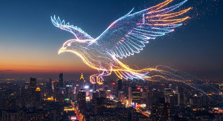 Abstract flying bird with glowing wings over the city at night. Technology conceptの素材