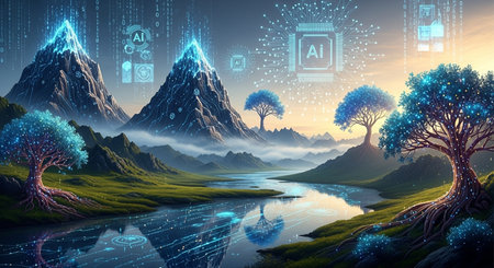 Futuristic landscape with trees and mountains. 3d illustration.の素材
