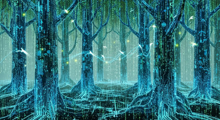 Cyber landscape with a forest of trees and binary code. 3d renderingの素材