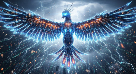 3D rendering of a blue bird with lightning on a dark backgroundの素材
