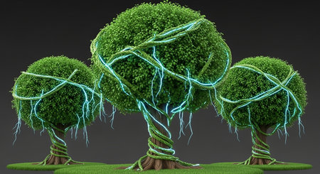 Green trees with connection lines, 3d illustration, horizontal, over dark backgroundの素材
