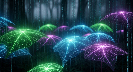 Digital composite of Colorful umbrellas in the forest with binary codeの素材