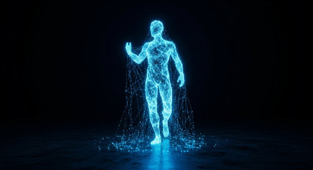 3D rendering of a holographic human figure with glowing lines on black backgroundの素材