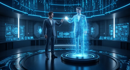 Businessman shaking hands with his partner against hologram screens on blue backgroundの素材