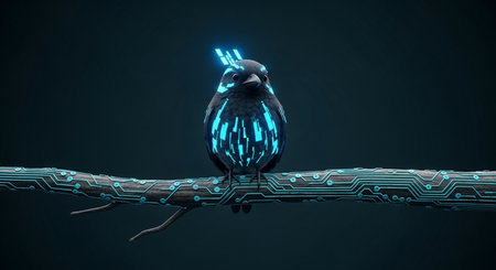 Black bird with blue neon light on a branch. 3d renderingの素材