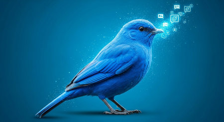 Blue bird with social media icons on blue background. 3D renderingの素材