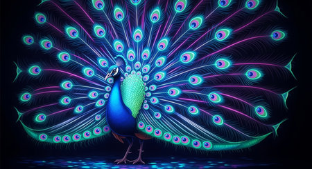 Peacock with colorful feathers on black background. Vector illustration.の素材