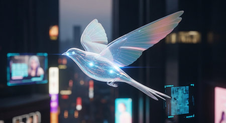 Digital blue flying dove against cityscape at night 3D rendering elementsの素材