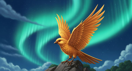 Aurora borealis and golden bird on a rock in the skyの素材