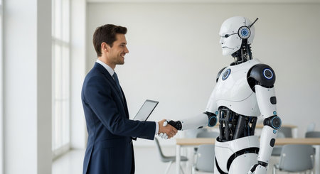 Side view of young businessman shaking hands with robot while standing in officeの素材