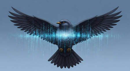 Digital composite of black bird with binary code and blue background. 3d renderingの素材