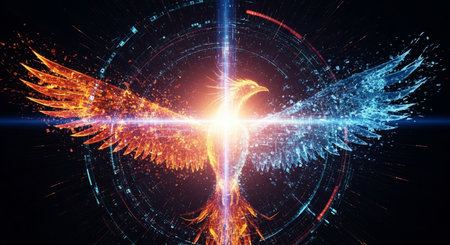 Abstract fractal illustration with an eagle on a dark background. 3D renderingの素材