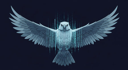 Eagle made of binary code on dark background. Vector illustration.の素材