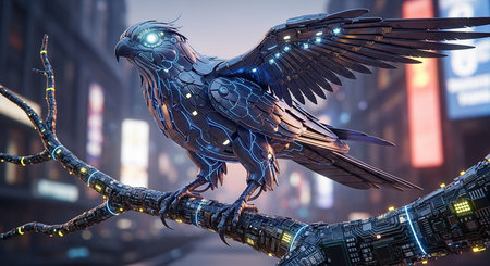 3D rendering of an artificial intelligence robot in a futuristic city.の素材