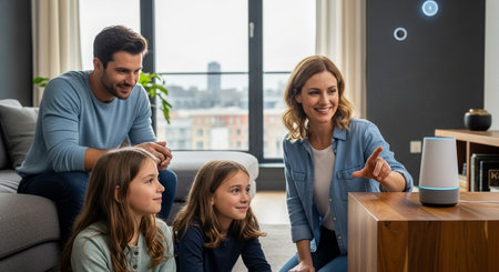 Smiling family talking while sitting on sofa in living room at homeの素材