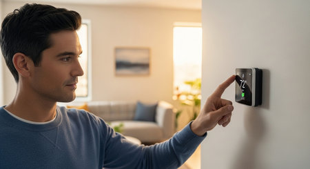 Young man using digital thermostat at home in the living roomの素材