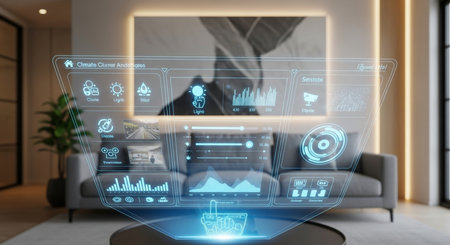 Futuristic virtual graphic touch user interface in modern living room 3D renderingの素材