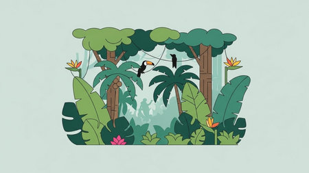 Vector illustration of jungle landscape with trees, birds, flowers and plants.の素材