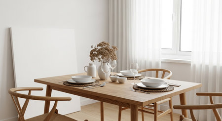 Dining room with wooden table and chairs. 3d rendering.の素材