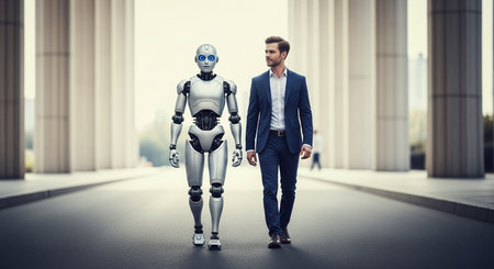 Full length portrait of a confident businessman and robot walking in the city.の素材