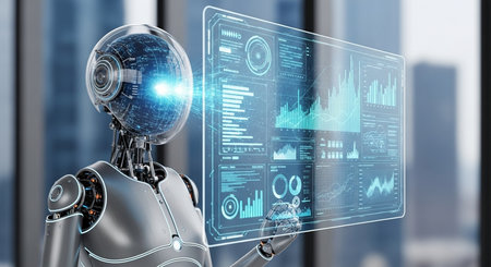 Robot humanoid using hologram screen interface on blurred office background 3D renderingの素材