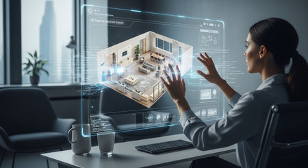 Businesswoman in modern office using virtual projection of the house. Mixed mediaの素材