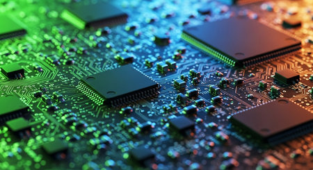 Close-up of electronic circuit board. Technology concept. 3D Renderingの素材