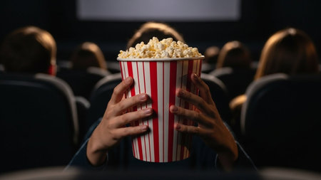 Close-up of a person eating popcorn while watching movie in cinemaの素材
