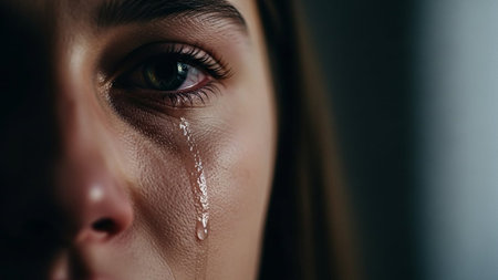 Close up shot of a young woman with tears on her face.の素材