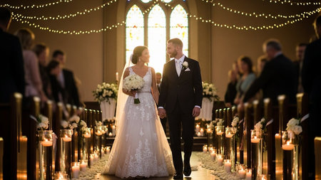 Wedding couple on the background of the church with candles.の素材