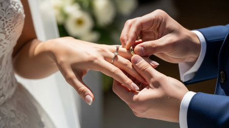 Close up of hands of bride and groom putting wedding ring on fingerの素材