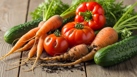 Fresh organic vegetables on wooden background. Healthy food concept. Vegetarian diet.の素材