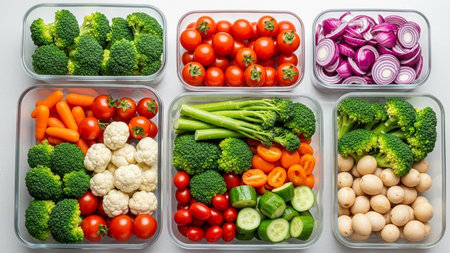 Variety of fresh vegetables in plastic containers isolated on white background.の素材