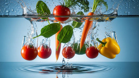 Fresh vegetables falling into water on blue background. Healthy food concept.の素材