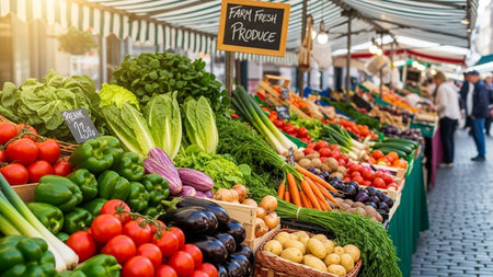 Fresh organic vegetableset stall in France, Provence.の素材