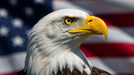 Bald Eagle with American Flag in the background, Washington, DCの素材