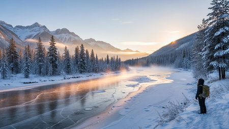 A serene winter landscape featuring snow-covered mountains and a frozen river with mist rising from the water.の素材