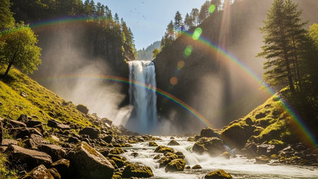 A stunning waterfall surrounded by lush greenery with a vibrant rainbow and sunlight creating a magical atmosphere.の素材