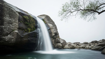 A beautiful waterfall cascades into a tranquil pool surrounded by rocks and greenery.の素材